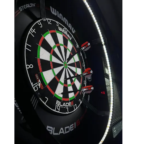 A dart board featuring a dart perfectly positioned in the center, highlighting precision and skill in the game.